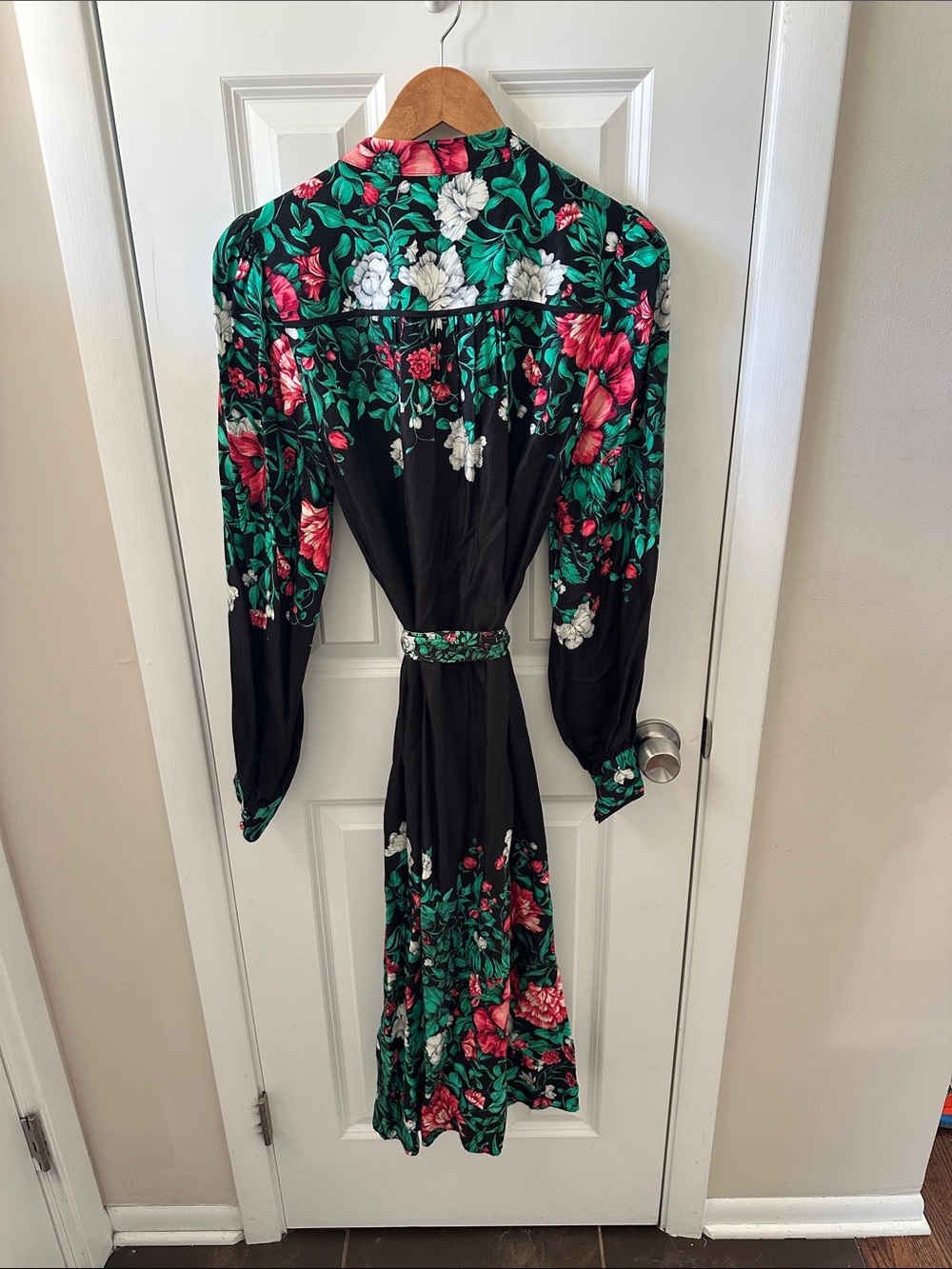 Anthropologie Black Floral Wrap Dress with Green and Pink Accents - Picture 3 of 3